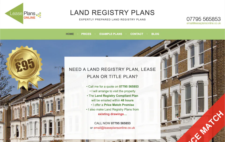 Previous Lease Plans Online homepage with the old green navigation, Land Registry Plans heading and price-led callout.