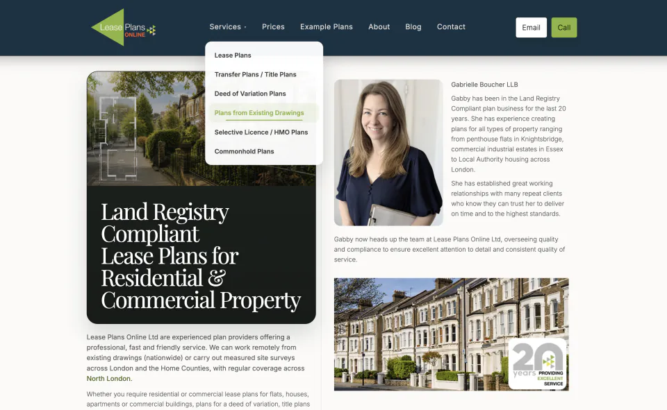 Current Lease Plans Online homepage with the Services navigation open to show the principal plan types.