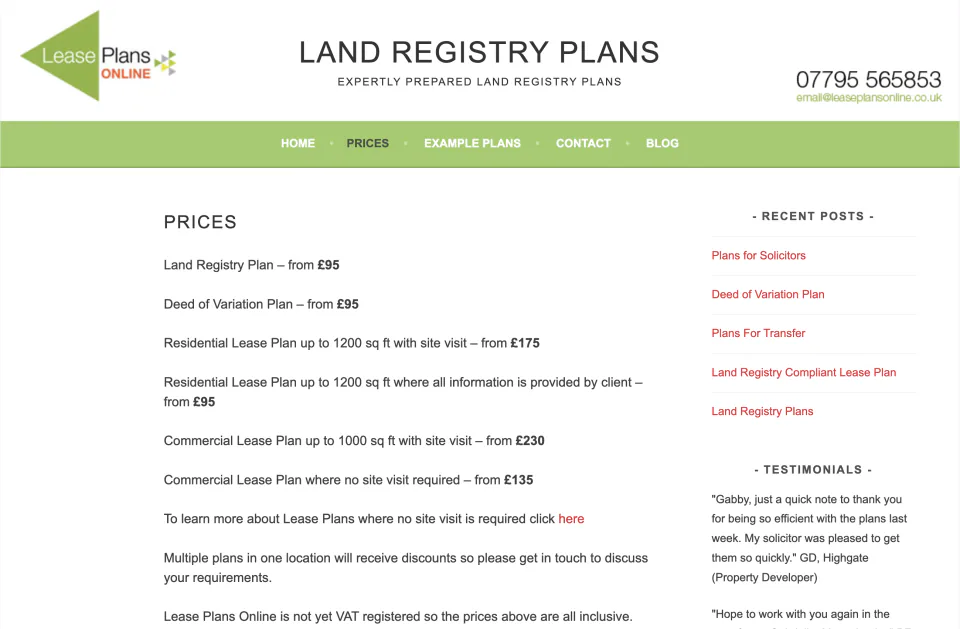 Previous Lease Plans Online Prices page with a long text list of services and prices beside recent-post and testimonial sidebars.