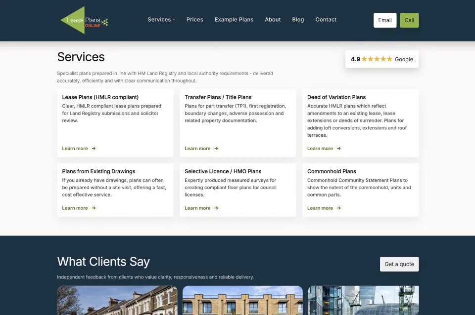 Current Lease Plans Online Services page with principal services separated into clear cards above client trust material.