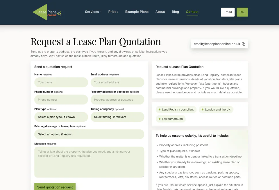 Lease Plans Online quotation page showing fields for contact details, property address, plan type, timing and existing drawings.
