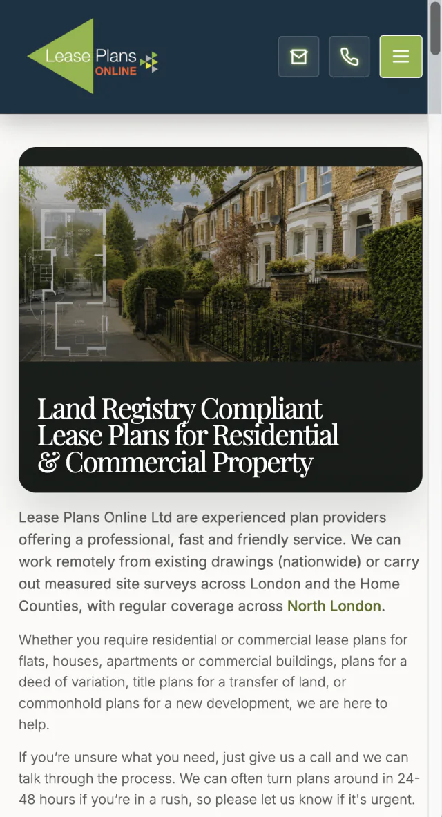 Lease Plans Online homepage on a narrow mobile screen with direct email, call and menu controls above the service proposition.