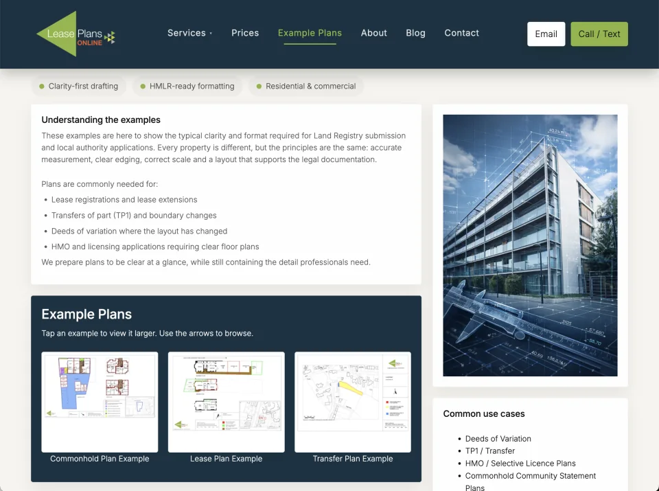 Lease Plans Online Example Plans page, showing the redesigned navigation, service explanation and example plan gallery.