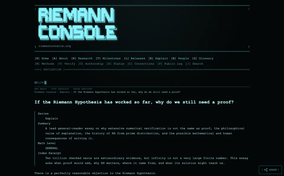 Riemann Console Explain article introducing why a proof of the Riemann Hypothesis is still needed.