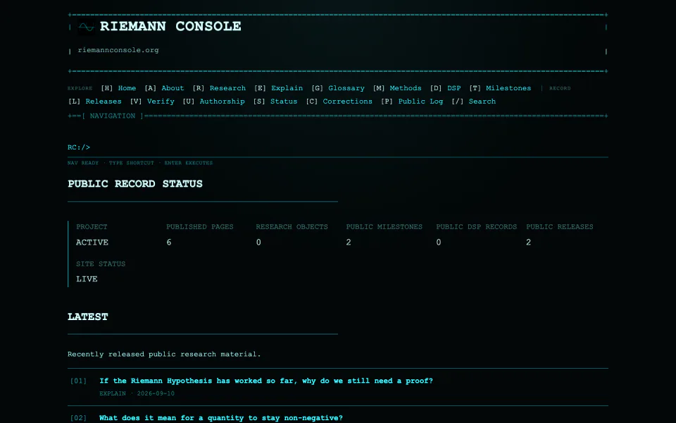 Riemann Console homepage showing its dark terminal-inspired interface, command navigation and public research status.
