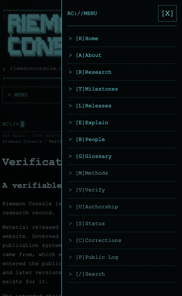 Riemann Console on a narrow screen with the full-height mobile navigation drawer open over the terminal interface.