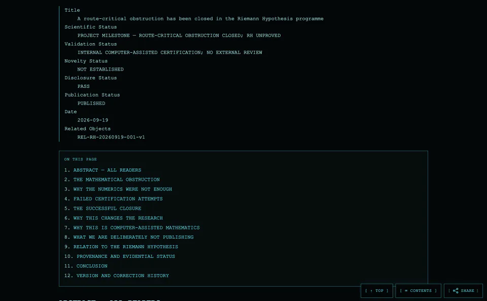 Riemann Console milestone showing scientific status, validation status, publication metadata and a structured contents list.