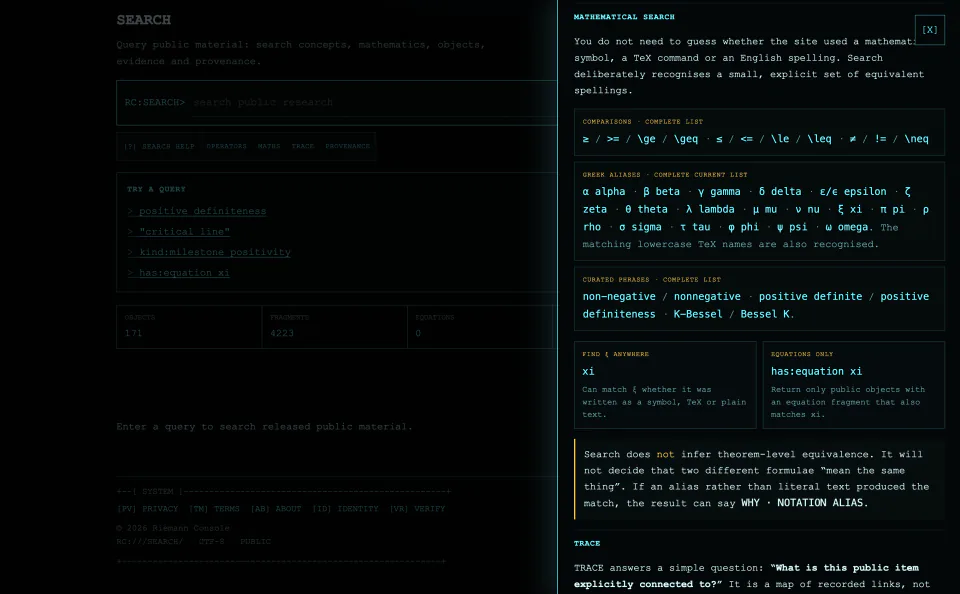 Riemann Console Search screen with mathematical-search guidance for symbols, aliases and curated phrases.
