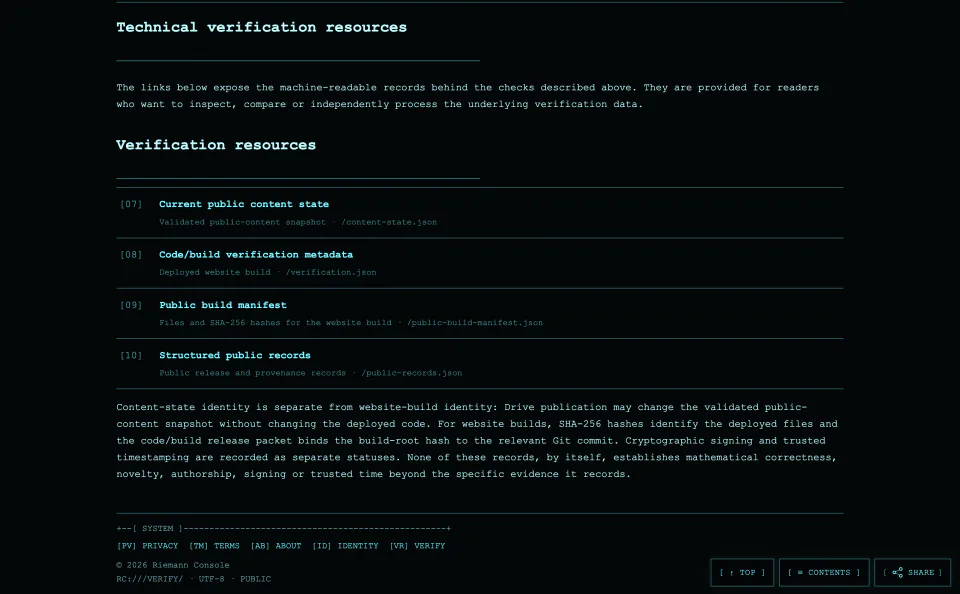 Riemann Console verification page listing machine-readable public-content, build-manifest and structured-record resources.